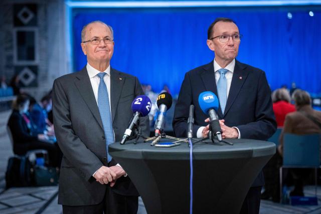 Palestinian Prime Minister Muhammed Mustafa (L) and Norwegian Foreign Minister Espen Barth Eide speak to the media during a meeting of the Global Alliance for the Implementation of the Two-State Solution at Oslo City Hall in the Norwegian capital on January 15, 2025. (Photo by Heiko Junge / NTB / AFP) / Norway OUT