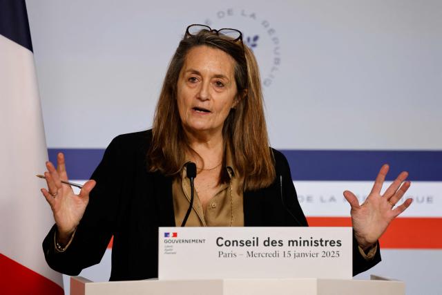 France's Delegate Minister and government's spokesperson Sophie Primas speaks during a press conference following a ministers' council in Paris, on Janaury 15, 2025. (Photo by Ludovic MARIN / AFP)