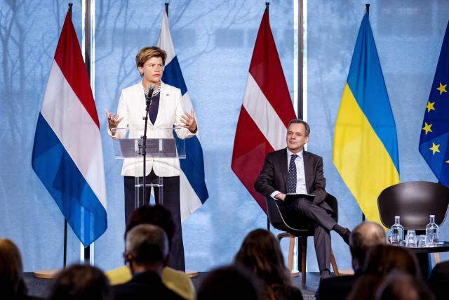 Latvian Foreign Minister Baiba Braze speaks at an international Foreign Ministry Conference on sanctions compliance and enforcement, hosted in the Hague on January 15, 2025. (Photo by Remko de Waal / ANP / AFP) / Netherlands OUT