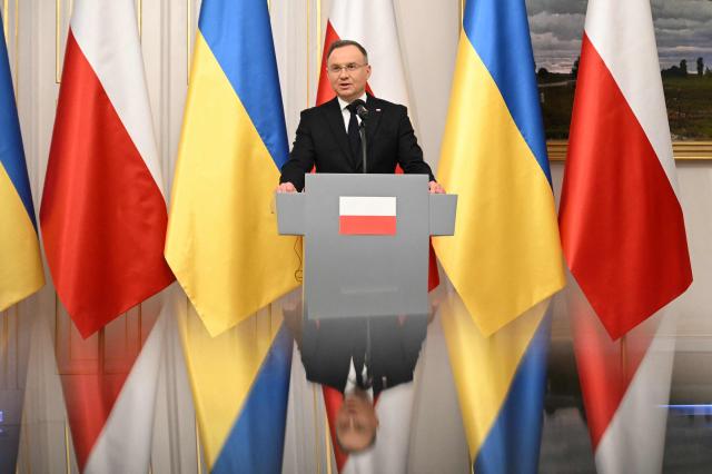 Polish President Andrzej Duda attends a joint press conference with Ukraine's President in Warsaw, Poland on January 15, 2025. (Photo by Sergei GAPON / AFP)