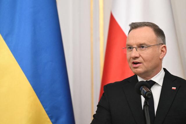 Polish President Andrzej Duda attends a joint press conference with Ukraine's President in Warsaw, Poland on January 15, 2025. (Photo by Sergei GAPON / AFP)