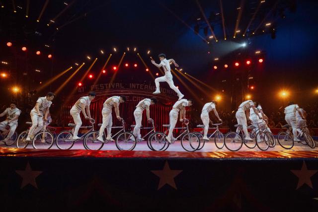 TOPSHOT - "China National Acrobatic Troupe" performs during the opening of the 47th Monte-Carlo International Circus Festival in Monaco on January 17, 2025. (Photo by Frederic DIDES / AFP)