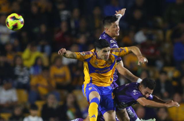 Tigres' Argentine forward #09 Nicolas Ibanez, Mazatlan's Argentine defender #19 Lucas Merolla (top) and Argentine defender #05 Facundo Almada fight for the ball during the Liga MX Clausura football match between Tigres and Mazatlan at the Universitario (UANL) Stadium in San Nicolas de los Garza, Nuevo Leon State, Mexico on January 17, 2025. AMARILLO 9 MORADO 19 (centro )MORADO 5 (Photo by Julio Cesar AGUILAR / AFP)