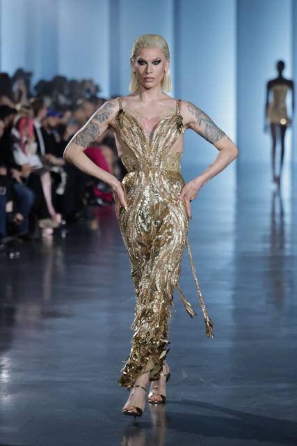 US model, makeup artist and drag queen Miss Fame presents a creation for Rahul Mishra during the Women's Haute-Couture Spring/Summer 2025 Fashion Week in Paris on January 27, 2025. (Photo by Thibaud MORITZ / AFP)