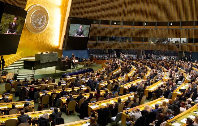 Israeli President Isaac Herzog  speaks during a ceremony at the United Nations to mark International Holocaust Remembrance Day, at UN headquarters in New York City on January 27, 2025. (Photo by TIMOTHY A. CLARY / AFP)