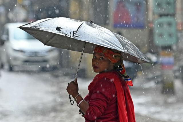 A woman holds an umbrella as she walks along a road amid rainfall in Amritsar on February 20, 2025. (Photo by Narinder NANU / AFP)