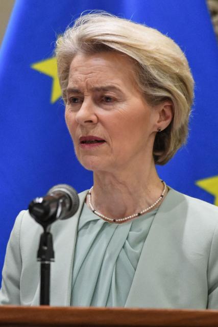 President of the European Commission Ursula von der Leyen speaks during a joint press conference following the 8th South Africa-European Union (SA-EU) Summit at Tuynhuys in Cape Town on March 13, 2025. (Photo by Rodger Bosch / AFP)