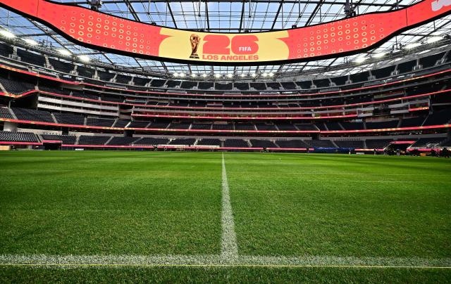 The new test pitch for the 2026 World Cup at Sofi Stadium, revealed to the media in Inglewood, California on March 13, 2025. The pitch will be used for the upcoming Concacaf Nations League semifinals on March 20 when the US play Panama and Canada plays Mexico. (Photo by Frederic J. BROWN / AFP)