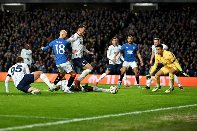 Rangers' Czech midfielder #18 Vaclav Cerny shoots but fails to score during the UEFA Europa League second-leg round of 16 football match between Rangers and Fenerbahce SK at the Ibrox Stadium in Glasgow on March 13, 2025. (Photo by ANDY BUCHANAN / AFP)