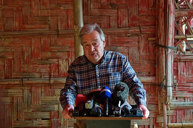 United Nations Secretary-General António Guterres speaks during his visit to a Rohingya refugee camp in Ukhia, Cox' Bazar on March 14, 2025. Guterres said on March 14 the organisation would do "everything" to prevent food rations being cut for Rohingya refugees in Bangladesh. (Photo by Munir UZ ZAMAN / AFP)