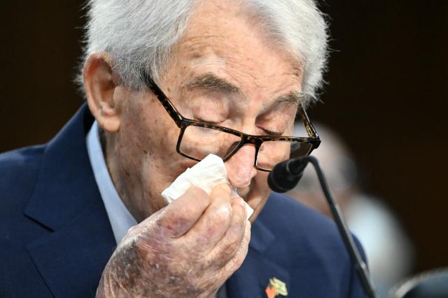 President of the Holocaust Survivors Foundation USA (HSF), David Schaecter, reacts during a US Senate Special Committee on Aging hearing on "Never Again: Addressing the Rise of Antisemitism and Supporting Older Americans," at Capitol Hill in Washington, DC, on April 30, 2025. (Photo by Mandel NGAN / AFP)