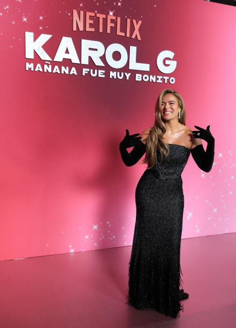 Colombian singer Karol G poses for a picture during the launch of her documentary "Mañana Fue Muy Bonito" (Tomorrow Was Very Nice) in Medellin, Colombia, on April 30, 2025. The documentary will be broadcast on the streaming platform Netflix on May 8, 2025. (Photo by JAIME SALDARRIAGA / AFP)