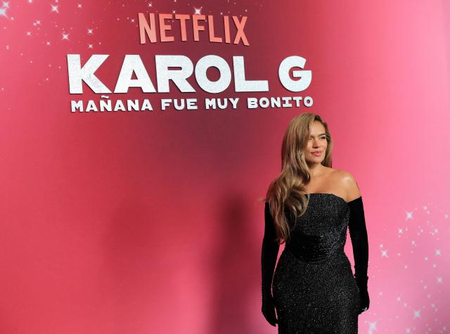 Colombian singer Karol G poses for a picture during the launch of her documentary "Mañana Fue Muy Bonito" (Tomorrow Was Very Nice) in Medellin, Colombia, on April 30, 2025. The documentary will be broadcast on the streaming platform Netflix on May 8, 2025. (Photo by JAIME SALDARRIAGA / AFP)