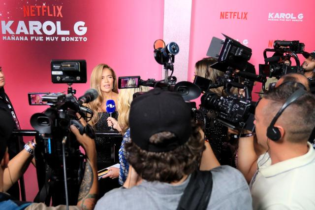 Colombian singer Karol G speaks during the launch of her documentary "Mañana Fue Muy Bonito" (Tomorrow Was Very Nice) in Medellin, Colombia, on April 30, 2025. The documentary will be broadcast on the streaming platform Netflix on May 8, 2025. (Photo by JAIME SALDARRIAGA / AFP)