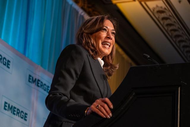 Former US Vice President Kamala Harris speaks at the Emerge 20th Anniversary Gala in San Francisco, California, on April 30, 2025. (Photo by Camille Cohen / AFP)