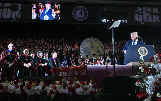 US President Donald Trump delivers commencement remarks at the University of Alabama in Tuscaloosa, Alabama, on May 1, 2025. (Photo by SAUL LOEB / AFP)