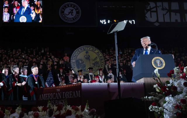 US President Donald Trump delivers commencement remarks at the University of Alabama in Tuscaloosa, Alabama, on May 1, 2025. (Photo by SAUL LOEB / AFP)