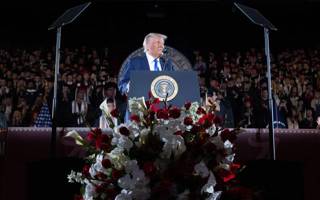 US President Donald Trump delivers commencement remarks at the University of Alabama in Tuscaloosa, Alabama, on May 1, 2025. (Photo by SAUL LOEB / AFP)