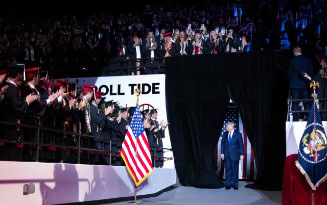 US President Donald Trump arrives to deliver commencement remarks at the University of Alabama in Tuscaloosa, Alabama, on May 1, 2025. (Photo by SAUL LOEB / AFP)