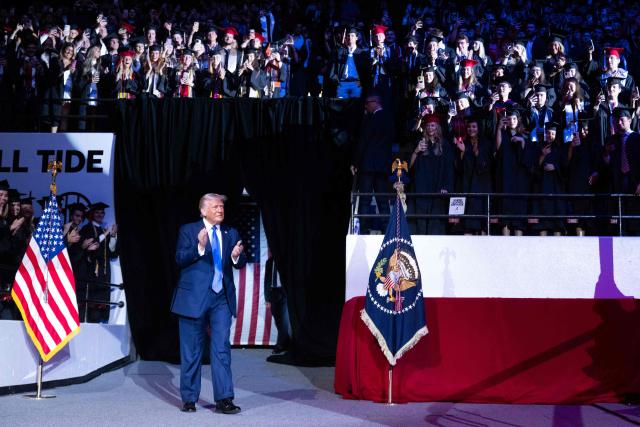US President Donald Trump arrives to deliver commencement remarks at the University of Alabama in Tuscaloosa, Alabama, on May 1, 2025. (Photo by SAUL LOEB / AFP)