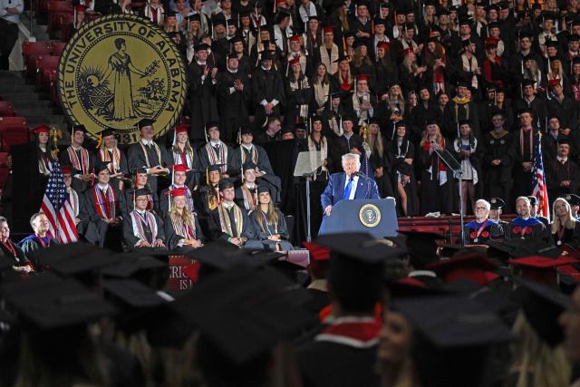 US President Donald Trump delivers commencement remarks at the University of Alabama in Tuscaloosa, Alabama, on May 1, 2025. (Photo by SAUL LOEB / AFP)