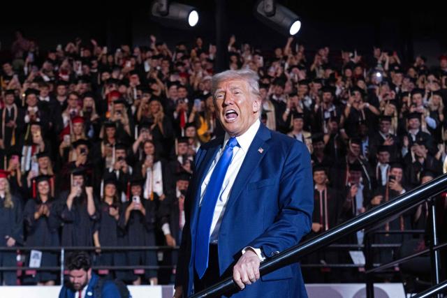 US President Donald Trump gestures after delivering commencement remarks at the University of Alabama in Tuscaloosa, Alabama, on May 1, 2025. (Photo by SAUL LOEB / AFP)