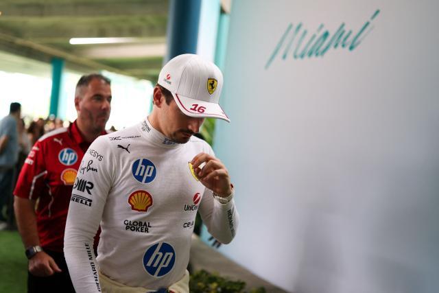 Ferrari's Monegasque driver Charles Leclerc exits the garage following the qualifying session for the 2025 Miami Formula One Grand Prix at Miami International Autodrome in Miami Gardens, Florida, on May 3, 2025. (Photo by CHARLY TRIBALLEAU / AFP)