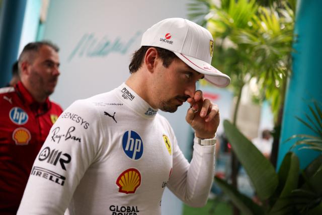 Ferrari's Monegasque driver Charles Leclerc exits the garage following the qualifying session for the 2025 Miami Formula One Grand Prix at Miami International Autodrome in Miami Gardens, Florida, on May 3, 2025. (Photo by CHARLY TRIBALLEAU / AFP)