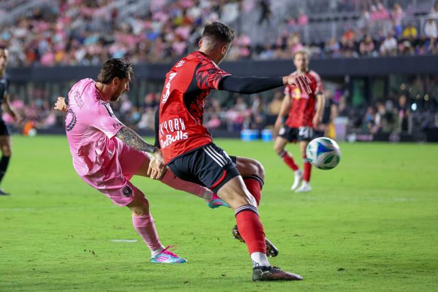 Inter Miami's Argentine forward #10 Lionel Messi (L) kicks to score a goal during the MLS football match between Inter Miami FC and the New York Red Bulls, at Chase Stadium in Fort Lauderdale, Florida on May 3, 2025. (Photo by Chris Arjoon / AFP)