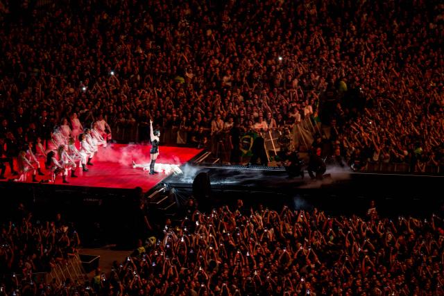 US pop star Lady Gaga performs during her concert at Copacabana beach in Rio de Janeiro, Brazil on May 3, 2025. (Photo by Daniel RAMALHO / AFP)
