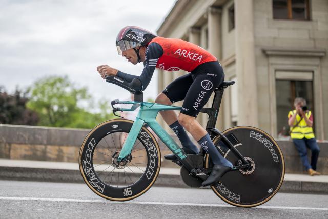 France's Thibault Guernalec rides during the fith stage of the Tour of Romandie UCI cycling World tour, 17.1 km loop from the start to the finish in Geneva on May 4, 2025. (Photo by Fabrice COFFRINI / AFP)