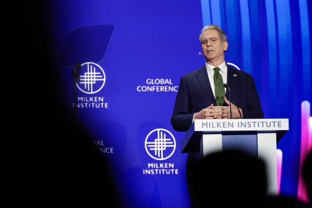 US Secretary of the Treasury Scott Bessent speaks at the 28th annual Milken Institute Global Conference at the Beverly Hilton in Beverly Hills, California on May 5, 2025. (Photo by Patrick T. Fallon / AFP)