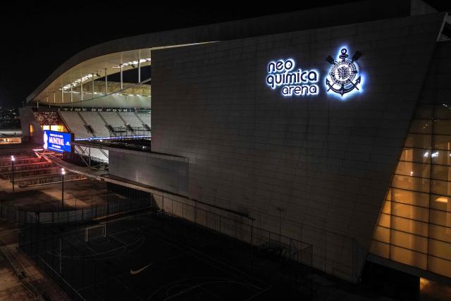 Aerial view showing the Neo Quimica Arena stadium in Sao Paulo, Brazil, taken on May 7, 2025. FIFA announced on May 7, 2025, the eight cities that will host the 2027 Women's World Cup in Brazil, the first in Latin America and under the host's dream of winning its first Cup despite the announced absence of its idol Marta. The host cities will be Sao Paulo, Rio de Janeiro, Brasilia, Belo Horizonte, Porto Alegre, Salvador, Fortaleza y Recife. (Photo by Nelson ALMEIDA / AFP)