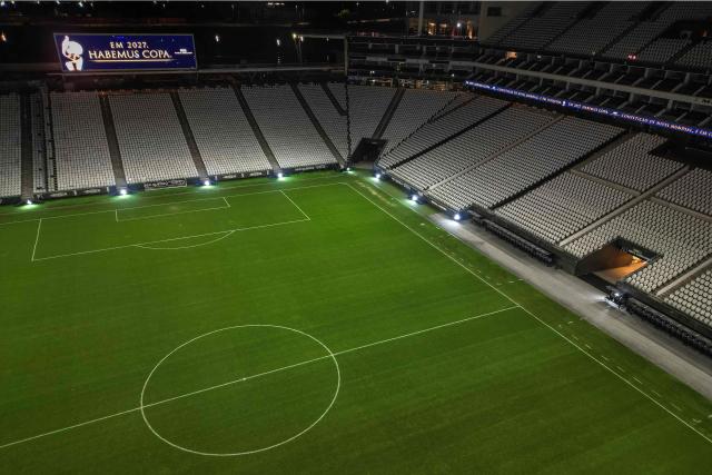 Aerial view showing the Neo Quimica Arena stadium in Sao Paulo, Brazil, taken on May 7, 2025. FIFA announced on May 7, 2025, the eight cities that will host the 2027 Women's World Cup in Brazil, the first in Latin America and under the host's dream of winning its first Cup despite the announced absence of its idol Marta. The host cities will be Sao Paulo, Rio de Janeiro, Brasilia, Belo Horizonte, Porto Alegre, Salvador, Fortaleza y Recife. (Photo by Nelson ALMEIDA / AFP)