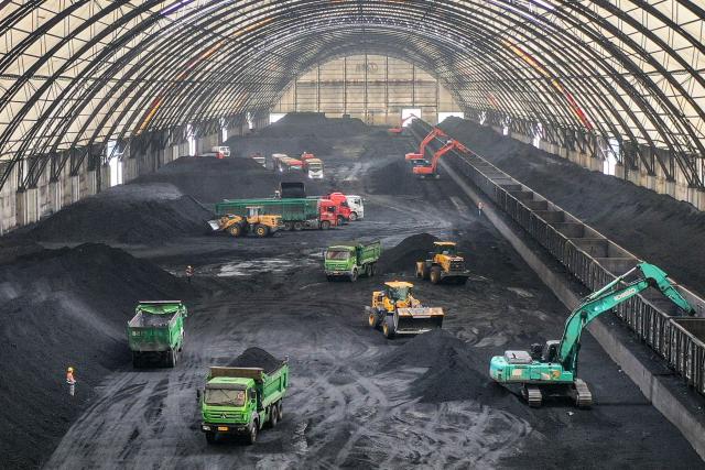Excavators unload coal from rail cars into a coal storage facility of a logistics company in Binzhou, in eastern China's Shandong province on May 9, 2025. (Photo by AFP) / China OUT