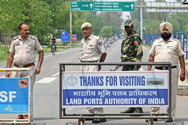 Indian security personnel stand guard near the India-Pakistan Wagah border post, about 35kms from Amritsar on May 9, 2025. India said on May 9 it had repulsed a wave of Pakistani drone and artillery attacks overnight, and Islamabad insisted it had not struck targets across the border, as the latest conflict between the nuclear-armed neighbours showed no signs of relenting. (Photo by Narinder NANU / AFP)