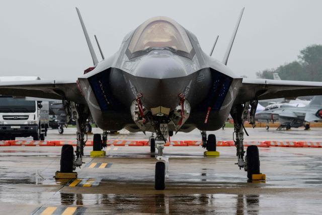 A US F-35B is seen parked on the tarmac during a media day for the Osan Air Power Days 2025 at Osan Air Base in Pyeongtaek on May 9, 2025. (Photo by ANTHONY WALLACE / AFP)