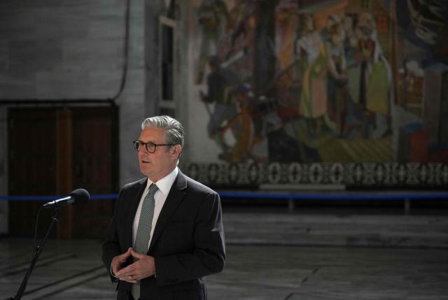 Britain's Prime Minister Keir Starmer delivers a statement before the start of a meeting of the annual Joint Expeditionary Force (JEF) Leaders' Summit in Oslo on May 9, 2025. From May 8-9, Norway hosts this year's summit for the members of the JEF coalition: UK, Denmark, Estonia, Finland, Iceland, Latvia, Lithuania, the Netherlands, Sweden and Norway. Their meeting will focus on the situation in Europe and regional cooperation on security challenges. (Photo by Alastair Grant / POOL / AFP)