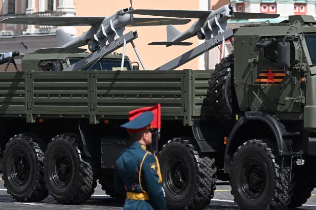 A Russian military truck transporting unmanned combat aerial vehicles (UCAVs) drives across Red Square during the Victory Day military parade in central Moscow on May 9, 2025. Russia celebrates the 80th anniversary of the Soviet Union's victory over Nazi Germany in World War Two (WWII). (Photo by Kirill KUDRYAVTSEV / AFP)