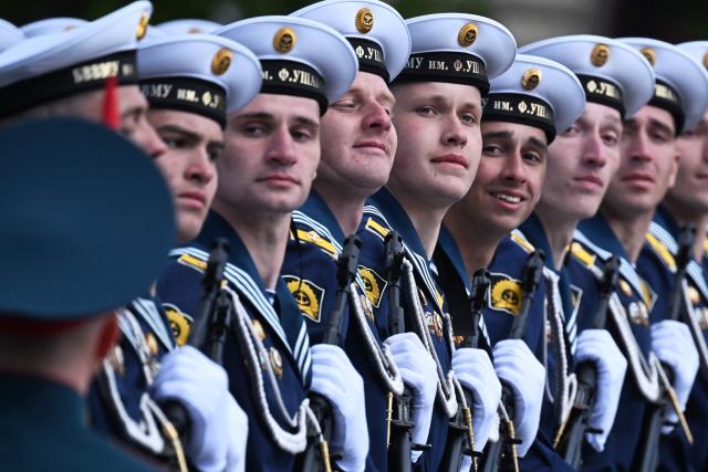 Russian servicemen march on Red Square during the Victory Day military parade in central Moscow on May 9, 2025. Russia celebrates the 80th anniversary of the Soviet Union's victory over Nazi Germany in World War Two (WWII). (Photo by Kirill KUDRYAVTSEV / AFP)