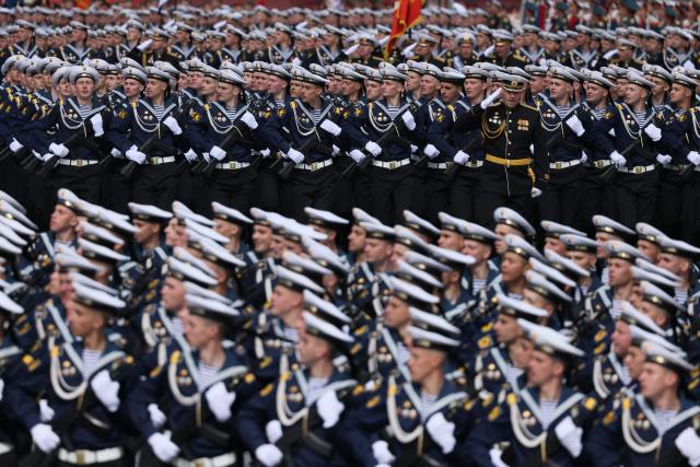 Russian sailors march during the Victory Day military parade at Red Square in central Moscow on May 9, 2025. Russia celebrates the 80th anniversary of the Soviet Union's victory over Nazi Germany in World War Two (WWII). (Photo by STRINGER / AFP)