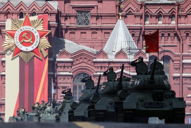 Soviet era T-34 tanks roll on Red Square during the Victory Day military parade in central Moscow on May 9, 2025. Russia celebrates the 80th anniversary of the Soviet Union's victory over Nazi Germany in World War Two (WWII). (Photo by STRINGER / AFP)
