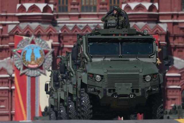 Russian military vehicles roll on Red Square during the Victory Day military parade in central Moscow on May 9, 2025. Russia celebrates the 80th anniversary of the Soviet Union's victory over Nazi Germany in World War Two (WWII). (Photo by STRINGER / AFP)