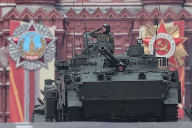 Russian military vehicles roll on Red Square during the Victory Day military parade in central Moscow on May 9, 2025. Russia celebrates the 80th anniversary of the Soviet Union's victory over Nazi Germany in World War Two (WWII). (Photo by STRINGER / AFP)