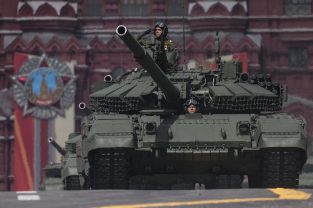 Russian tanks roll on Red Square during the Victory Day military parade in central Moscow on May 9, 2025. Russia celebrates the 80th anniversary of the Soviet Union's victory over Nazi Germany in World War Two (WWII). (Photo by STRINGER / AFP)