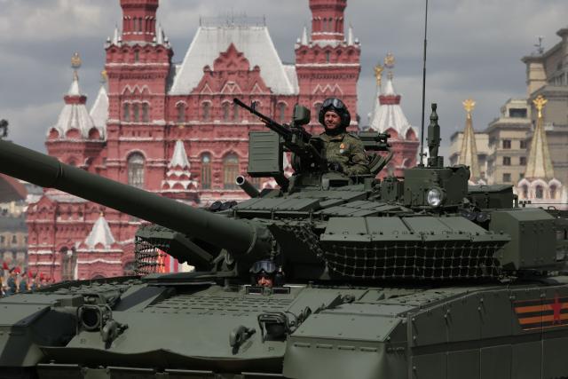 A Russian tank rolls on Red Square during the Victory Day military parade in central Moscow on May 9, 2025. Russia celebrates the 80th anniversary of the Soviet Union's victory over Nazi Germany in World War Two (WWII). (Photo by STRINGER / AFP)