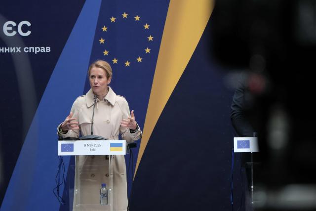EU High Representative for Foreign Affairs and Security Policy Kaja Kallas speaks during a Ukraine-EU meeting in Lviv, on May 9, 2025, amid the Russian invasion of Ukraine. The EU on May 9, 2025, pledged to disburse one billion euros ($1.1 billion) from the proceeds of frozen Russian assets to Ukrainian arms companies as part of its support to Kyiv as it fights off Moscow's invasion. (Photo by Sergii VOLSKYI / AFP)