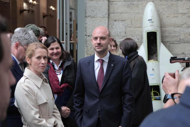 France's Minister for Europe and Foreign Affairs Jean-Noel Barrot (C) and EU High Representative for Foreign Affairs and Security Policy Kaja Kallas (L) attend a Ukraine-EU meeting in Lviv, on May 9, 2025, amid the Russian invasion of Ukraine. The EU on May 9, 2025, pledged to disburse one billion euros ($1.1 billion) from the proceeds of frozen Russian assets to Ukrainian arms companies as part of its support to Kyiv as it fights off Moscow's invasion. (Photo by Sergii VOLSKYI / AFP)