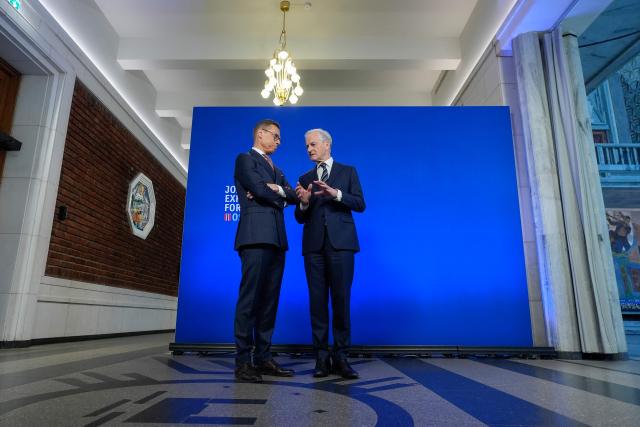 Finland's President  Alexander Stubb (L) and Norway's Prime Minister Jonas Gahr Store talk during the Joint Expeditionary Force (JEF) Leaders' Summit in Oslo, Norway, on May 9, 2025. From May 8-9, Norway hosts this year's summit for the members of the JEF coalition: UK, Denmark, Estonia, Finland, Iceland, Latvia, Lithuania, the Netherlands, Sweden and Norway. Their meeting will focus on the situation in Europe and regional cooperation on security challenges. (Photo by Lise Åserud / NTB / AFP) / Norway OUT