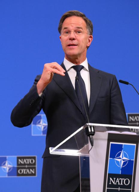 Nato Secretary General Mark Rutte delivers remarks during a joint press conference with the German Chancellor after their bilateral meeting at the NATO headquarters in Brussels on May 9, 2025. (Photo by JOHN THYS / AFP)
